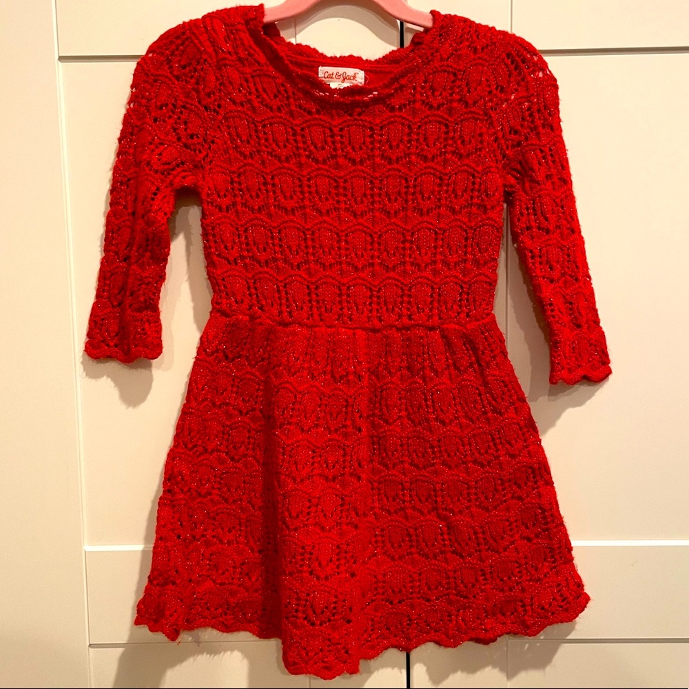 Cat + Jack holiday red lace dress with metallic red details - 4T